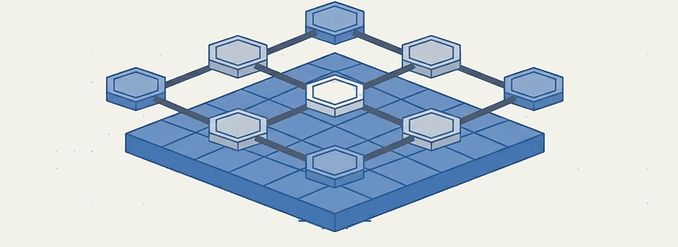 An isometric mesh of interconnected agent nodes sitting above a shared control plane, each linked into a common execution fabric.