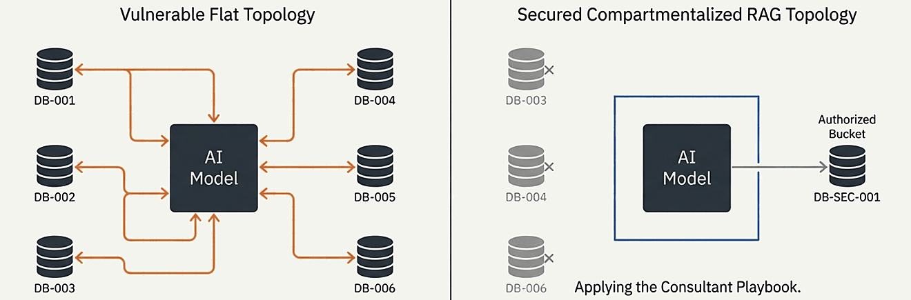 Two retrieval topologies compared: a vulnerable flat topology where the AI model connects to six databases, and a secured compartmentalized topology where the model reaches only one authorized bucket.