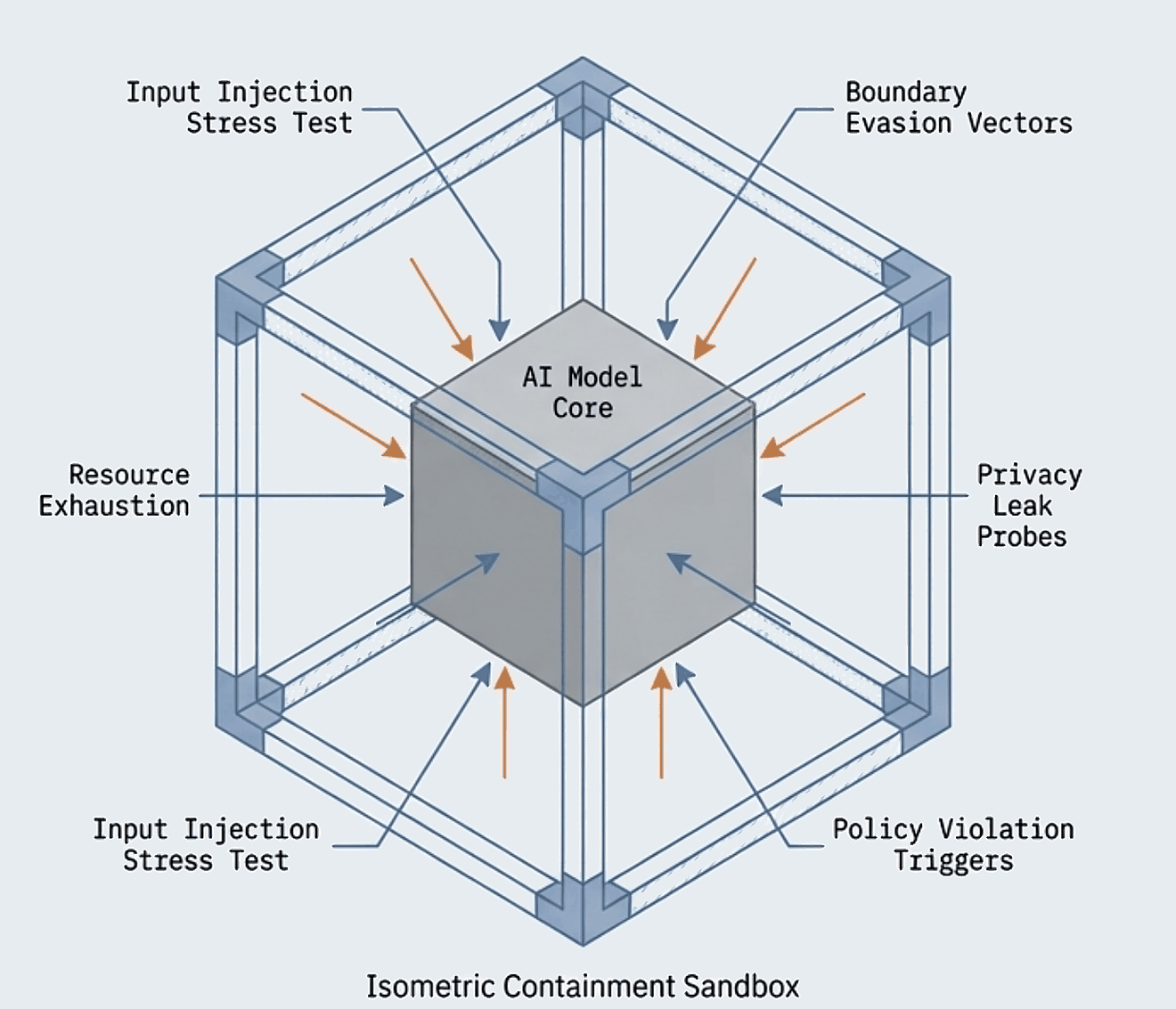 Isometric containment sandbox: an AI model core enclosed in a test rig, with input injection stress tests, boundary evasion vectors, resource exhaustion, privacy leak probes, and policy violation triggers directed at it from every face.